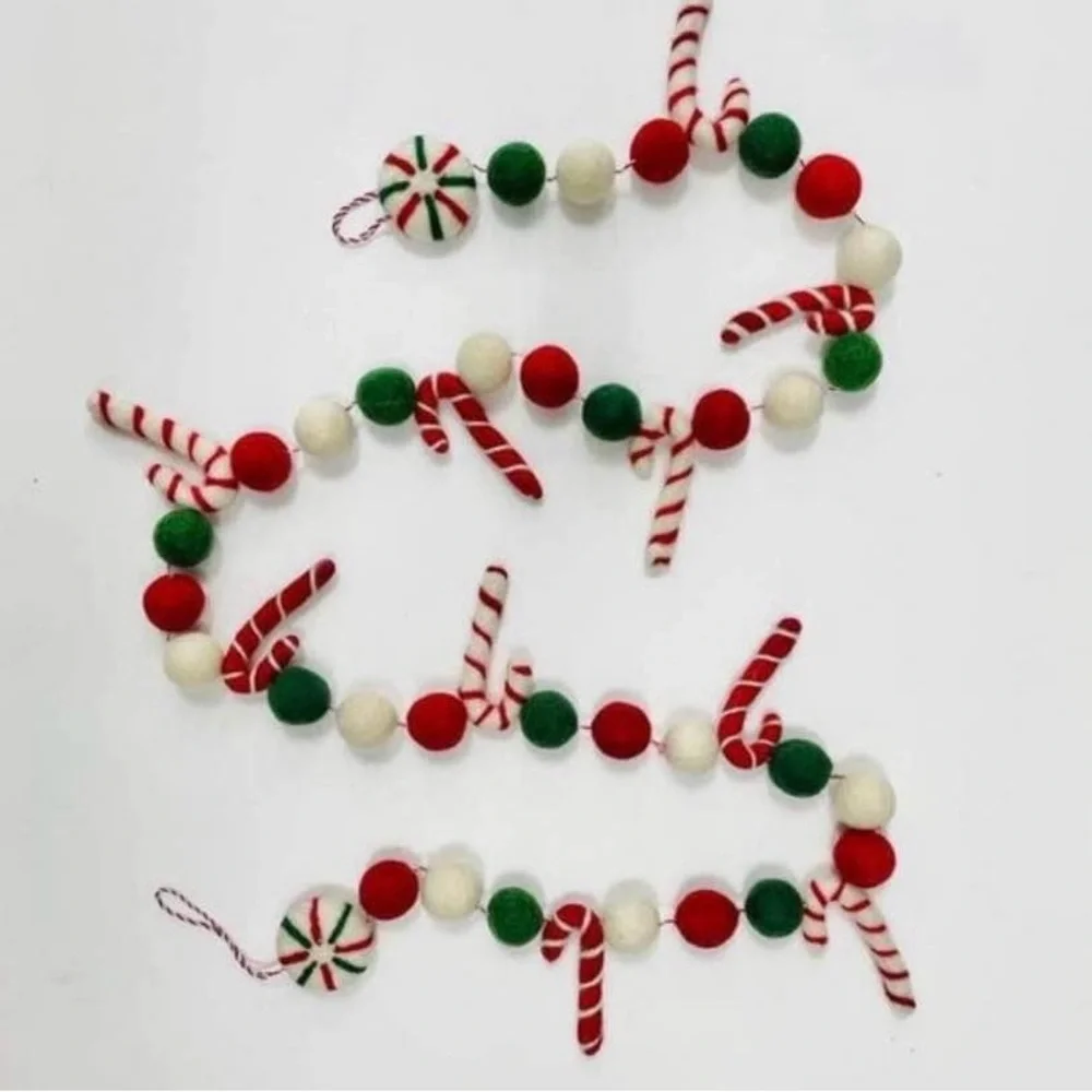 Candy Cane Peppermint Hand Felted Wool Christmas Holiday Garland NWT